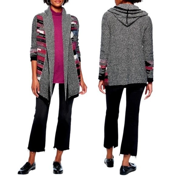 NWT Nic + Zoe Sweater Orchard Hooded Cardigan Black Maroon Multi Size Medium NEW - Picture 1 of 15